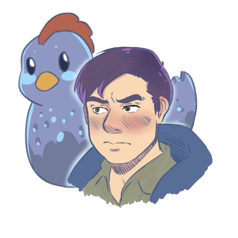 May include: A cartoon illustration of a person with purple hair and a blue bird with white spots. The person is wearing a green shirt and a blue jacket. The bird is looking to the left and the person is looking straight ahead.