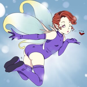 May include: A cartoon fairy with red hair, pointed ears, and purple clothing, including a leotard, gloves, and thigh-high socks. The fairy has large, translucent wings with yellow accents and is blowing a kiss. The word "chu" and a heart are also present.