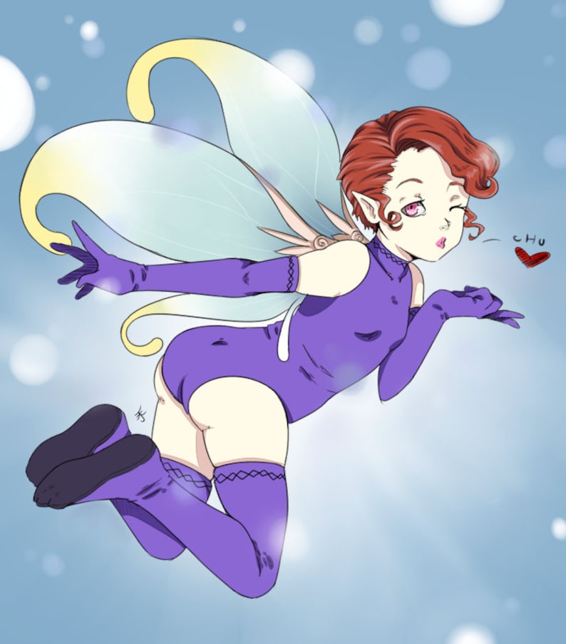 May include: A cartoon fairy with red hair, pointed ears, and purple clothing, including a leotard, gloves, and thigh-high socks. The fairy has large, translucent wings with yellow accents and is blowing a kiss. The word "chu" and a heart are also present.