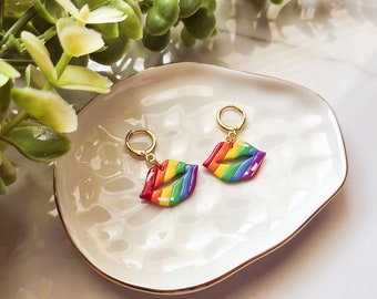 Rainbow Lip Earrings, Rainbow Huggies, Rainbow Kiss Earrings, Pride Earrings, Rainbow Stripe Earrings, Clay Earrings Handmade, Cute Earrings