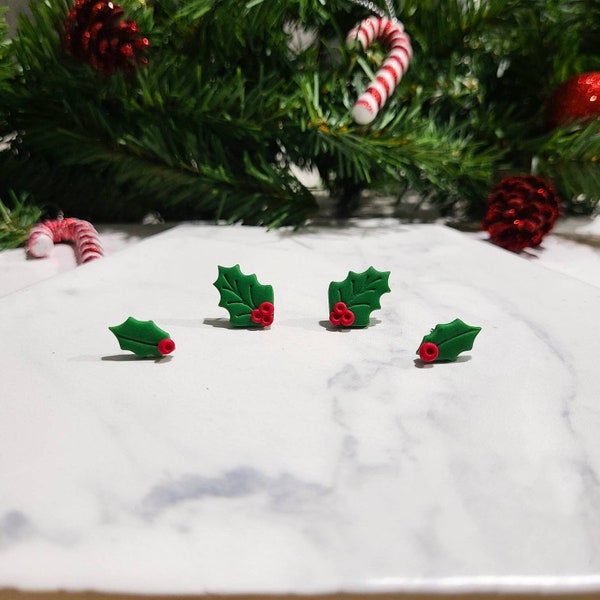 Holly Leaf Stud Earrings, Holly Berry Stud Earrings, Christmas Clay Earrings, Holly Berry Clay Earrings, Christmas Stud Earrings