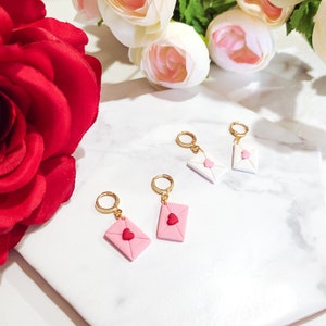 Love Letter Clay Earrings, Valentine&#39;s Day Earrings, V-Day Clay Earrings, Polymer Clay Earrings, Valentine&#39;s Huggie Earrings, V-Day Gift