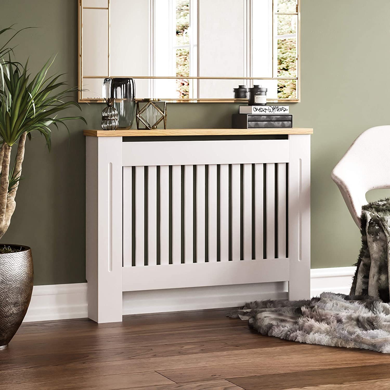 Radiator Cover White Modern Painted MDF Cabinet, Slats, Grill, Wood T…