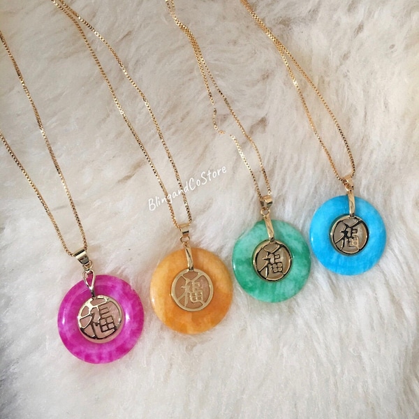 Four Color Chinese Good Fortune Green Pink Blue Yellow Peace Jade Disc Buckle Circle Pendant Necklace Colorful Gold Plated