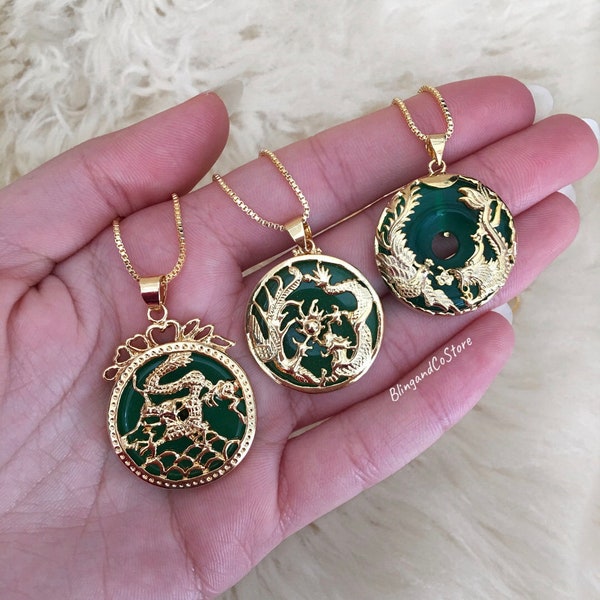 Green Jade Dragon 18K Gold Plated Pendant Necklace