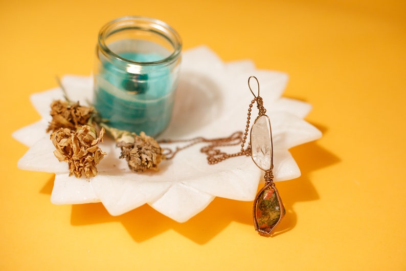 Clear Quartz /& Unakite Two Stone Raw Quartz Crystal Wrap Necklace with Chain
