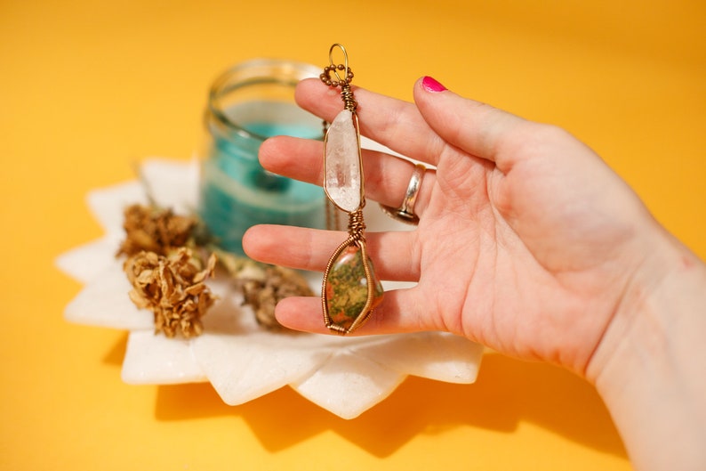 Clear Quartz /& Unakite Two Stone Raw Quartz Crystal Wrap Necklace with Chain