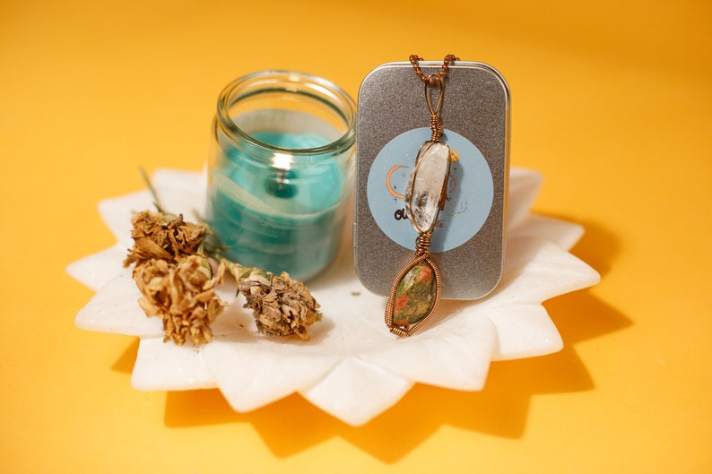 Clear Quartz /& Unakite Two Stone Raw Quartz Crystal Wrap Necklace with Chain