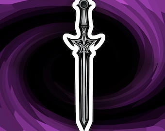 May include: A sticker featuring a stylized sword with a silver blade and hilt, accented with black details. The sword has a decorative design on the hilt and a circular pommel. The background is a swirling pattern of purple and black.