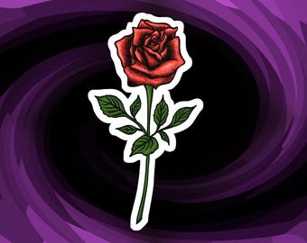 May include: A red rose sticker with green leaves and stem, outlined in white. The rose is detailed with shading, set against a black background with a purple swirl design.