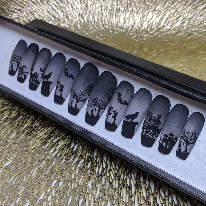 Cementerio Halloween Prensa en Uñas Falsas Uñas Uñas Fake Nails Clawsome Designs