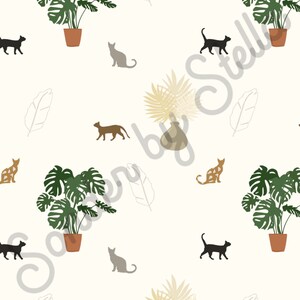 Boho Cats and Plants Seamless Pattern