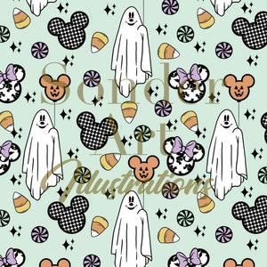 Mickey Mouse Inspired Halloween Seamless Pattern Print Green Background