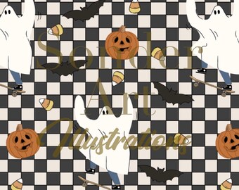 Puede incluir: Un patrón sin costuras que presenta fantasmas blancos haciendo skateboard sobre un fondo a cuadros blanco y negro. También hay calabazas naranjas con caras de jack-o'-lantern y maíz dulce amarillo esparcidos por todo el patrón.