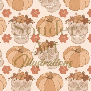 Flower Crown Skull Pumpkin Halloween Seamless Pattern Print