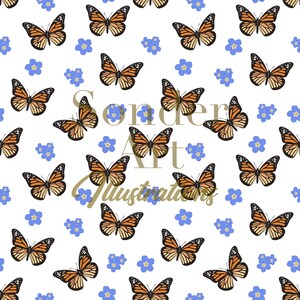 Monarch Butterfly Forget Me Not Floral Seamless Digital Pattern Print