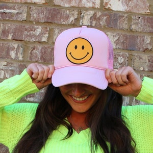 Happy Face Trucker Hat | Smile Patch Hat | Keep Smiling Hat | Foam Mesh Trucker Hat | Unisex Ball Cap Baseball Cap Hat