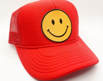 Red Happy Face Patch Trucker Hat