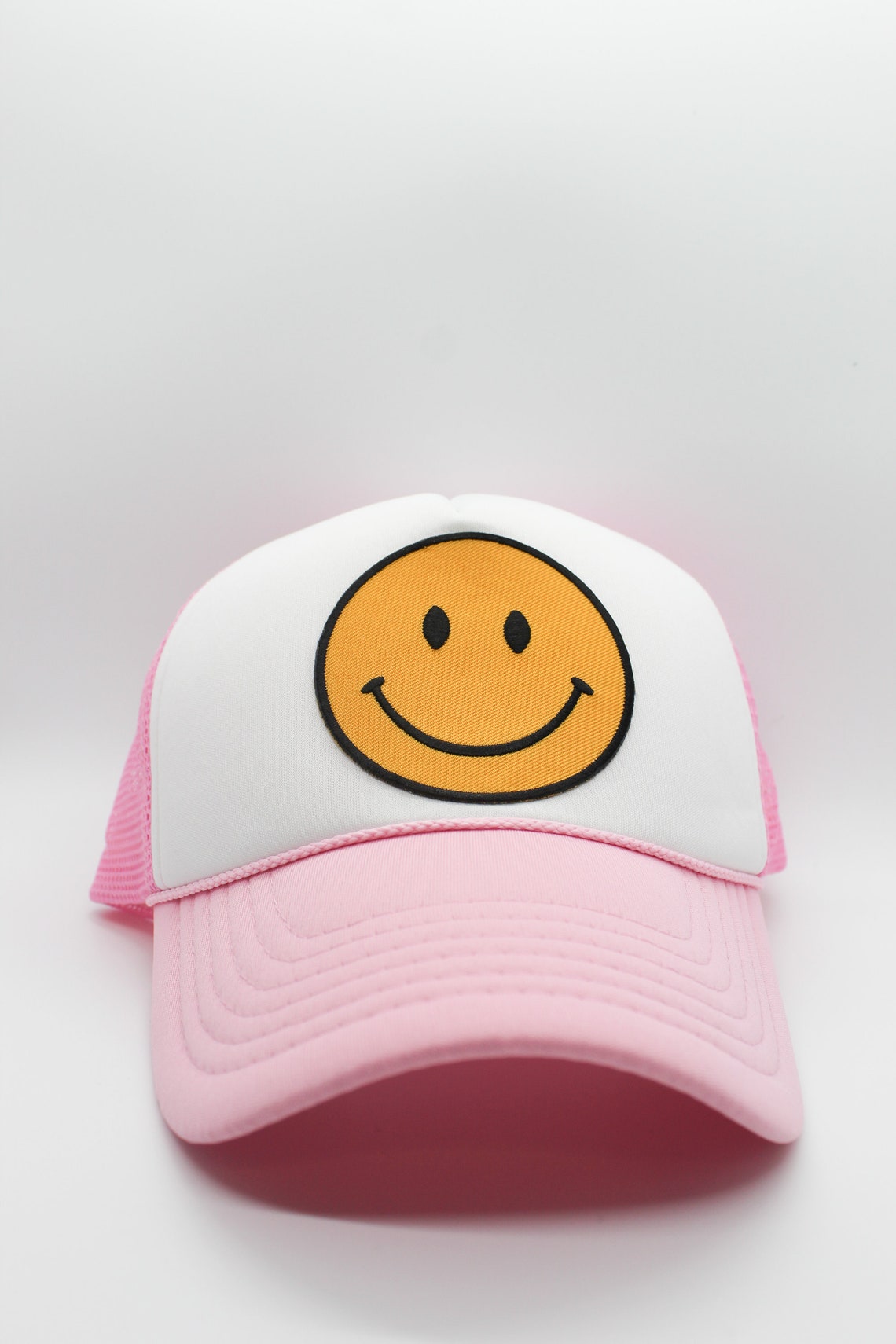 Light Pink & White Smiley Face Trucker Hat Smile Patch Hat Etsy