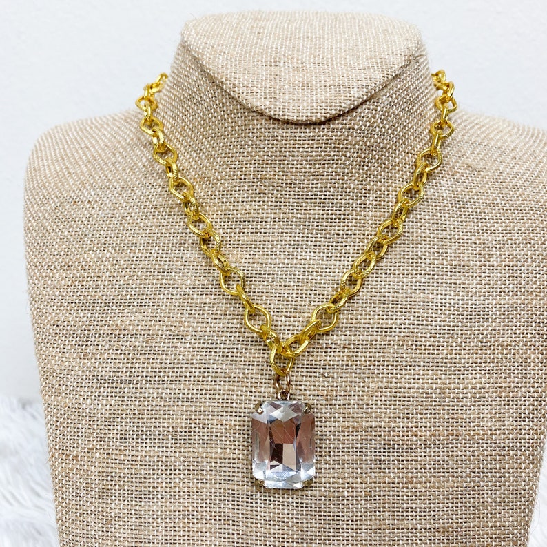 STONE CHARM NECKLACE Pewter Big Stone Charm Necklace Chunky Gold Chain Pendant Lobster Closure Jewelry Accessories