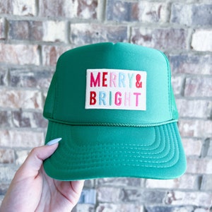 Merry and Bright Christmas Holiday Patch Foam Trucker Hat | Winter Fall College Hats Custom Hats Hat Trip Summer Boat Coastal Hat