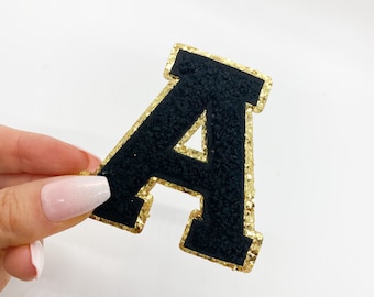 IRON ON 2.5" Black | Varsity Glitter Letter Chenille Initial Patch | Gold Glitter Back A-Z Alphabet Patch