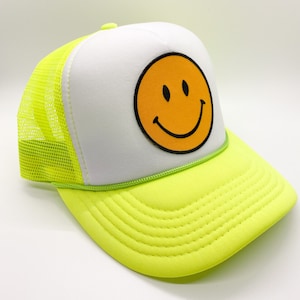 Neon Yellow & White Happy Face Trucker Hat | Smile Patch Hat | Keep Smiling Hat | Foam Mesh Trucker Hat | Unisex Ball Cap Baseball Cap Hat