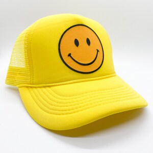 Yellow | Happy Face Trucker Hat | Smile Patch Hat | Smiling Hat | Foam Mesh Trucker Hat | Unisex Ball Cap Baseball Cap Hat