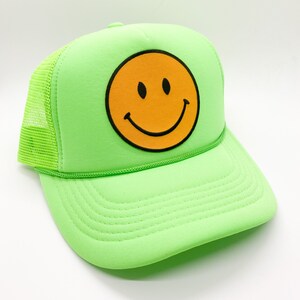 Lime Green | Happy Face Trucker Hat | Smile Patch Hat | Keep Smiling Hat | Foam Mesh Trucker Hat | Unisex Ball Cap Baseball Cap Hat