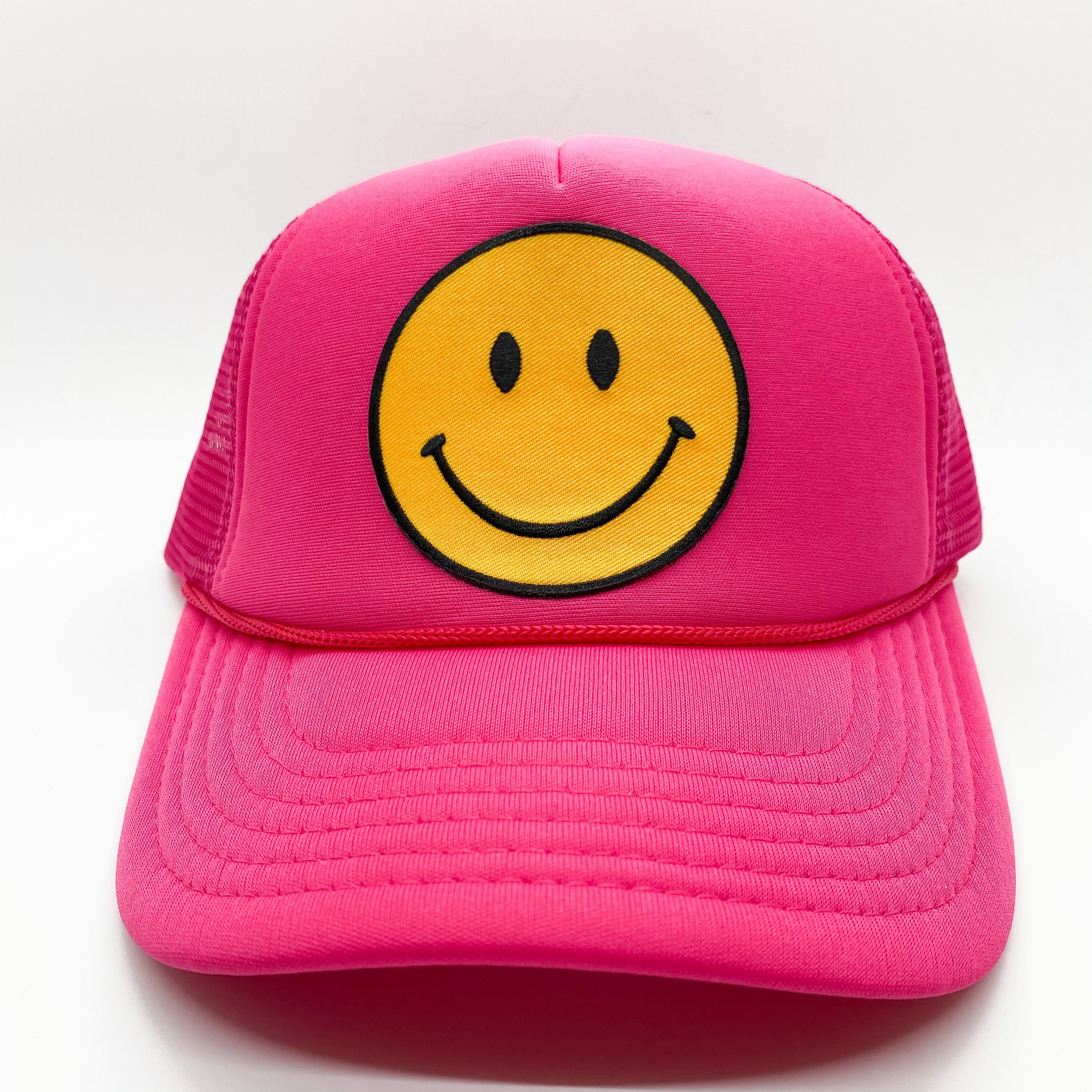 Hot Pink Happy Face Trucker Hat | Smile Patch Hat | Keep