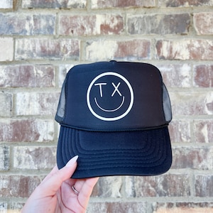 Texas Happy Face TX Smile Design | Black and White Adult Sized Foam Trucker Hat with Adjustable Strap in the Back | Bachelorette Trip Party