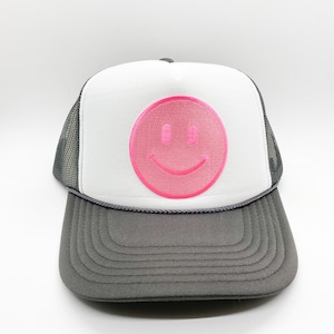 Two-Toned Grey White Pink Happy Face Trucker Hat | Smile Patch Hat | Smiling Hat | Foam Mesh Trucker Hat | Unisex Ball Cap Baseball Cap Hat