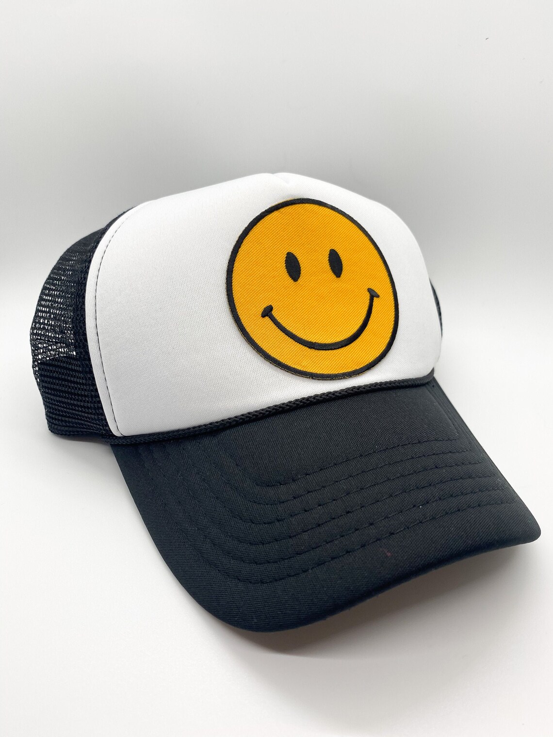 Black & White Smiley Face Trucker Hat Smile Patch Hat Keep Etsy