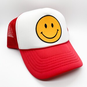 Red & White Happy Face Trucker Hat | Smile Patch Hat | Keep Smiling Hat | Foam Mesh Trucker Hat | Unisex Ball Cap Baseball Cap Hat