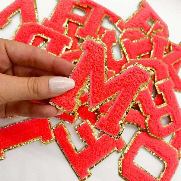 IRON ON 2.5" Neon Coral | Varsity Glitter Letter Chenille Initial Patch | Gold Glitter Back A-Z Alphabet Patch