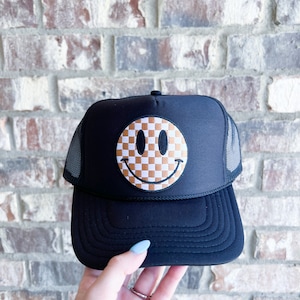 Neutral Checkered Happy Smile Face Foam Trucker Hat | Fall College Hats Custom Hats Hat Trip Summer Boat Coastal Hat