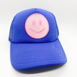 Royal Blue Pink Happy Face Trucker Hat | Smile Patch Hat | Smiling Hat | Foam Mesh Trucker Hat | Unisex Ball Cap Baseball Cap Hat