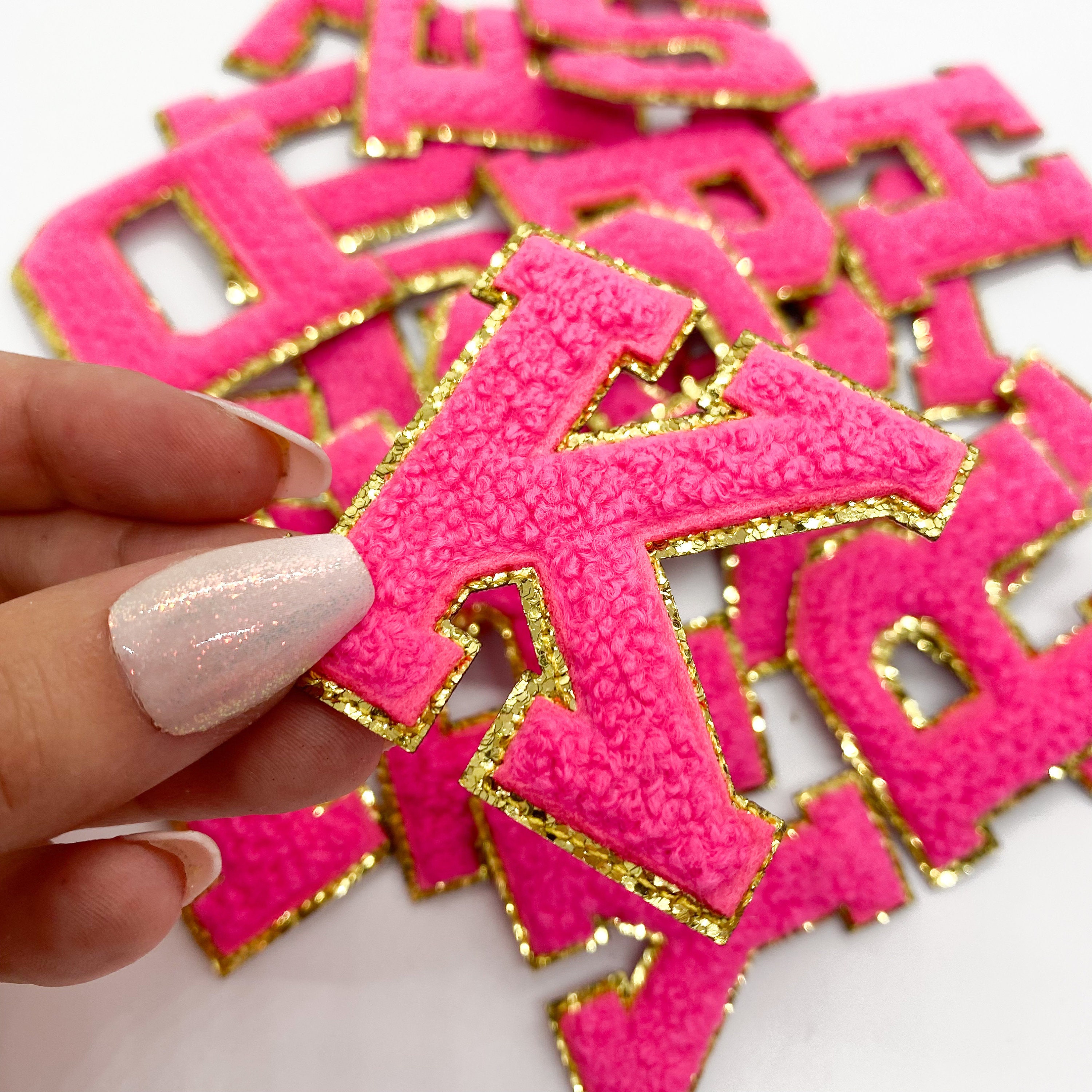 IRON ON 2" Neon Pink Varsity Glitter Letter Chenille Initial Pat…