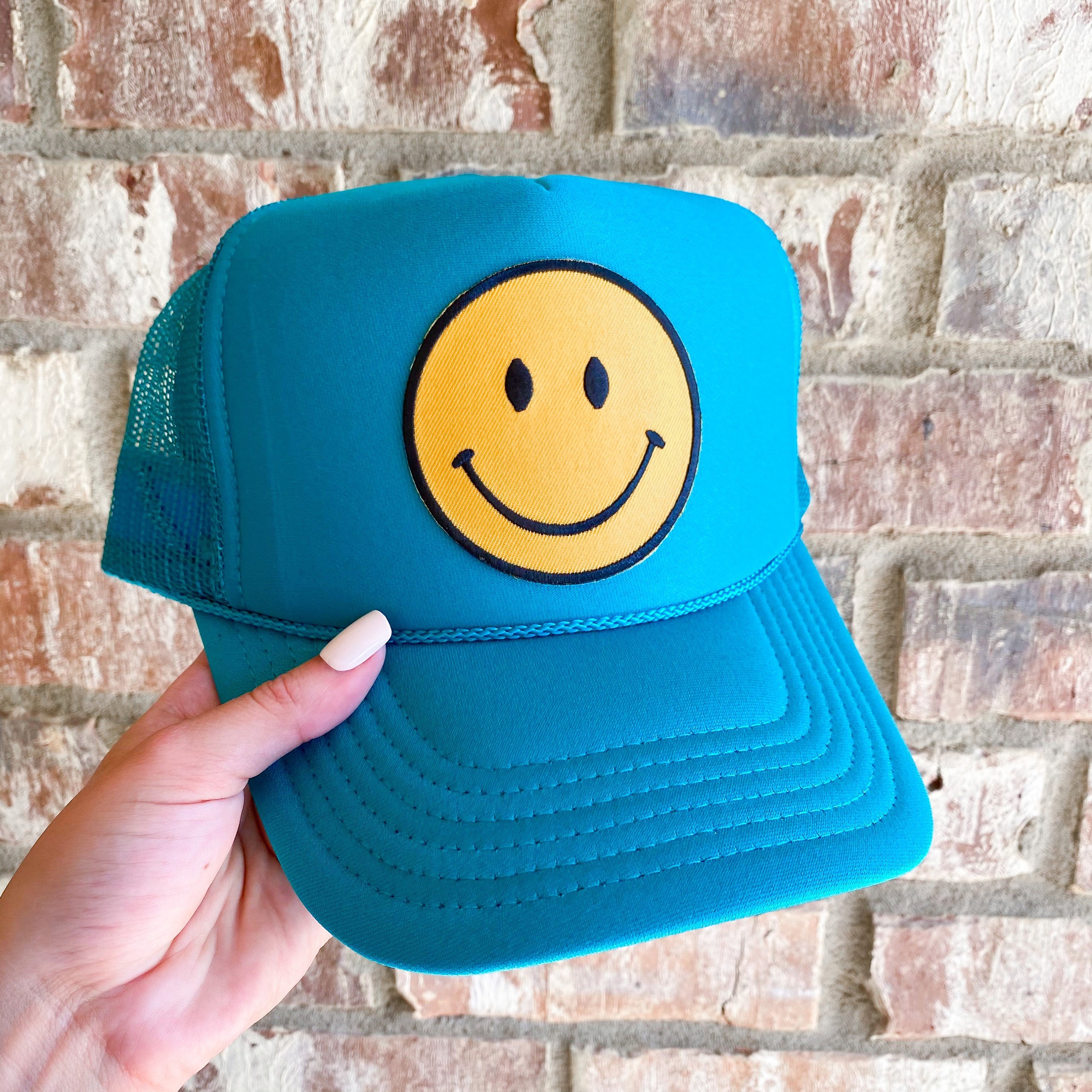 Set of 2 Smiley Face Baseball Caps in Teal and Beige Smiley Face Hats - Moss & Embers Home Decorum main image 4