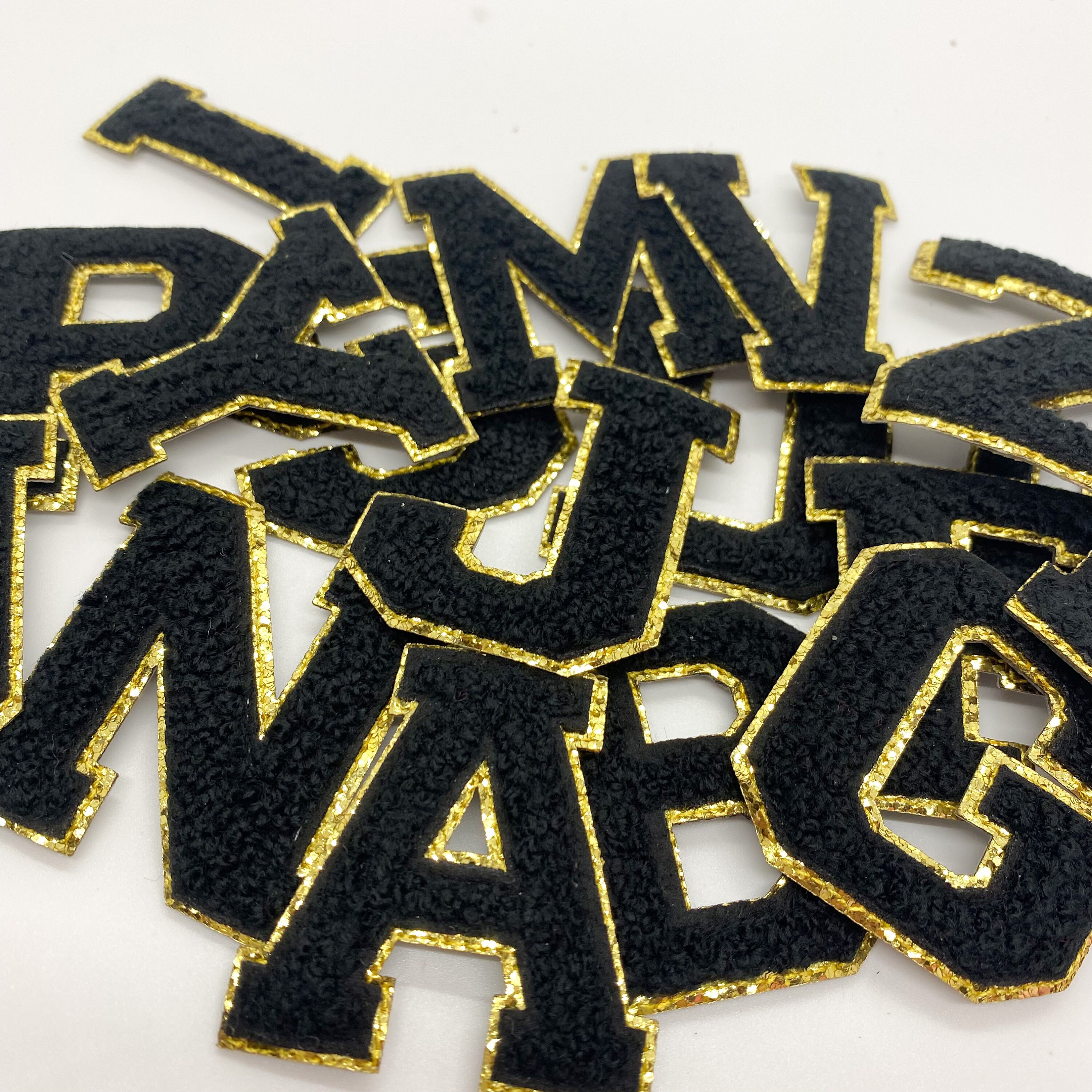 IRON ON 2" Black Varsity Glitter Letter Chenille Initial Patch |…