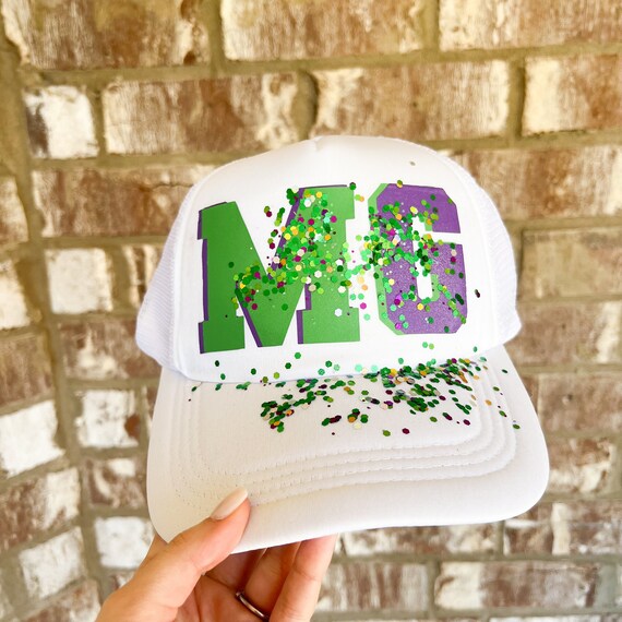 Glittered Mardi Gras Trucker Hat: Sequin Parade Patch, Adult 
