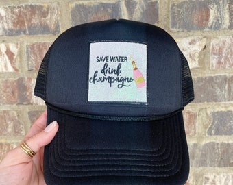 Save Water Drink Champagner Trucker Hut | Neujahr Patch Mütze | Erwachsener Hut | Trucker Cap aus Schaumstoff | Unisex Ball Cap Baseball Cap Hut