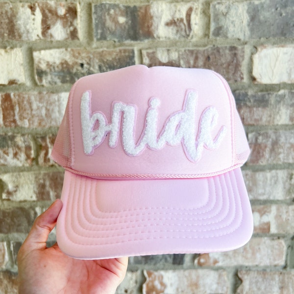 Bride Chenille Patch Light Pink Trucker Hat | Bridal Hat | Bridal Shower Gift Wedding Gift Patch Hat Married Maid of Honor Bridesmaids