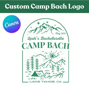 Camp Bach-logo, custom Camp Bachelorette-logo, Camp Bach-logoontwerp, bewerkbaar Canva-ontwerp, bergthema Bach-feest, Camp Bachelorette