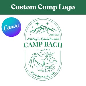 Aangepast logo kamp vrijgezellenfeest, logo ontwerp kamp Bach, bewerkbaar canvas ontwerp, bergthema bruidsfeest, vrijgezellenfeest thema kamp
