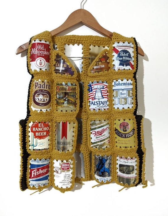 Vintage Beer Vest Granny Square Crochet Handmade O