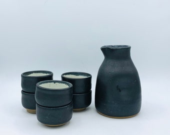 Made-to-Order 7-Piece Japanese Style Matte Black Ceramic Sake Bottle and Cups Set by Amy Schnitzer