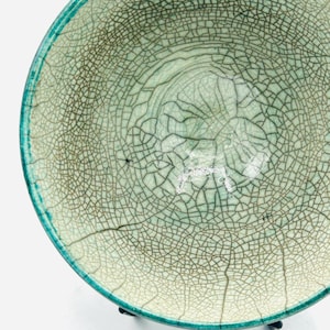 Deep Jade & Spring Green Crackle Raku Fired Ceramic Bowl by Amy Schnitzer
