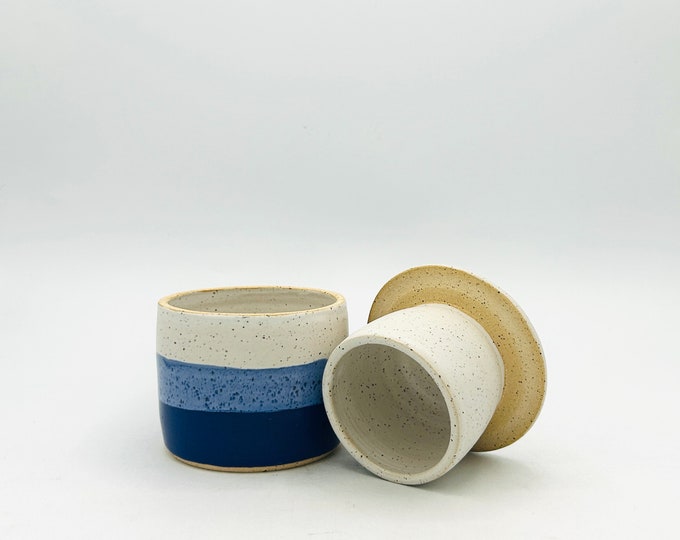 LIMITED EDITION! Two-Toned French Style Ceramic Butter Keeper / Crock in Speckled Royal Blue by Amy Schnitzer