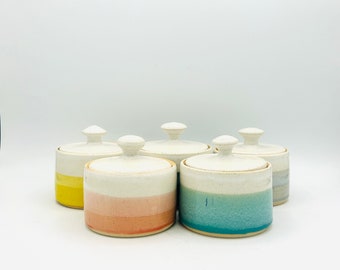 NEW! Two-Toned Ceramic Sugar Bowls with Lid in Bright Colors by Amy Schnitzer